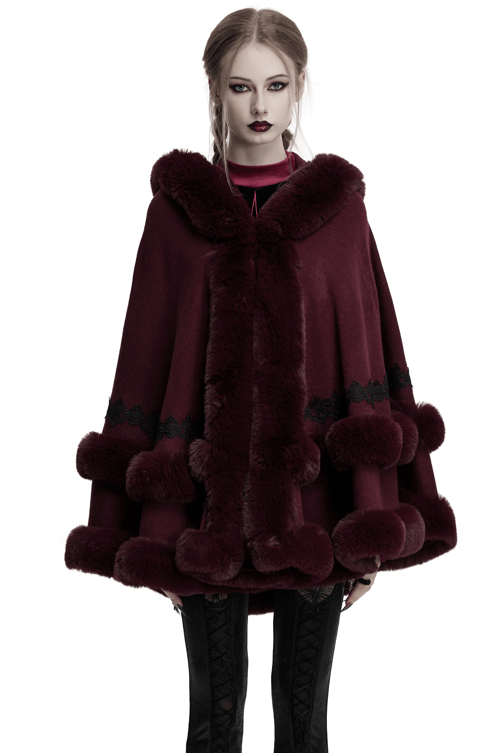 Burgundy Hooded Cloak with Fur Trim and Lace Hem
