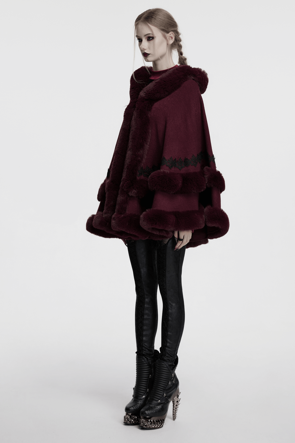 Burgundy Hooded Cloak with Fur Trim and Lace Hem