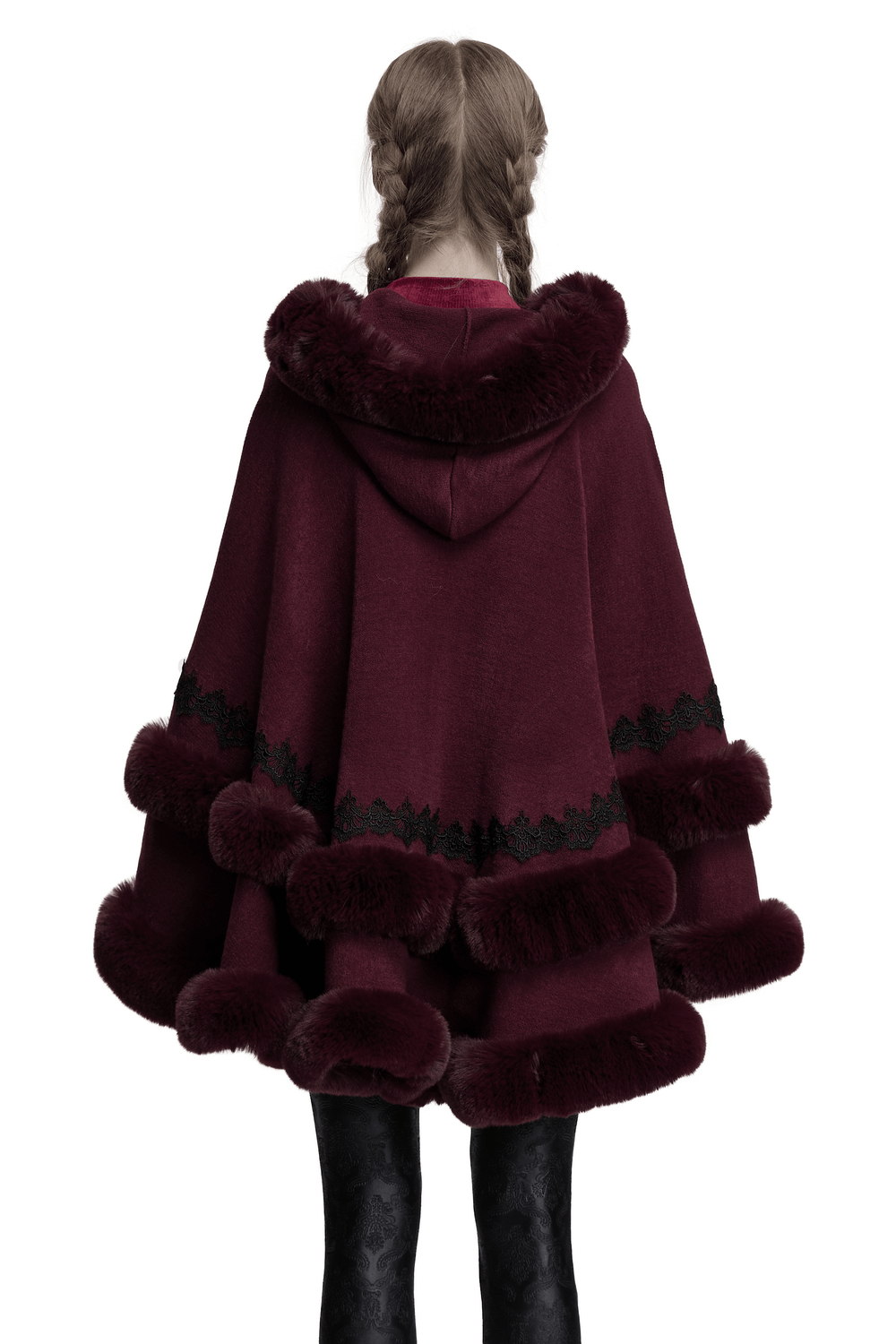 Burgundy Hooded Cloak with Fur Trim and Lace Hem