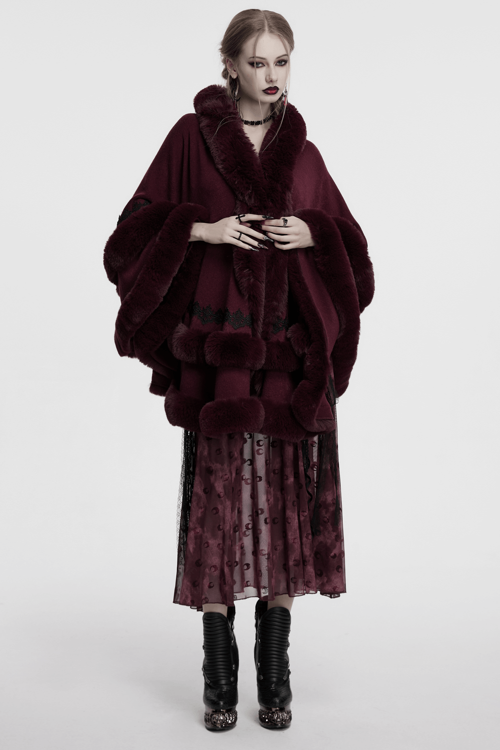 Burgundy Hooded Cloak with Fur Trim and Lace Hem