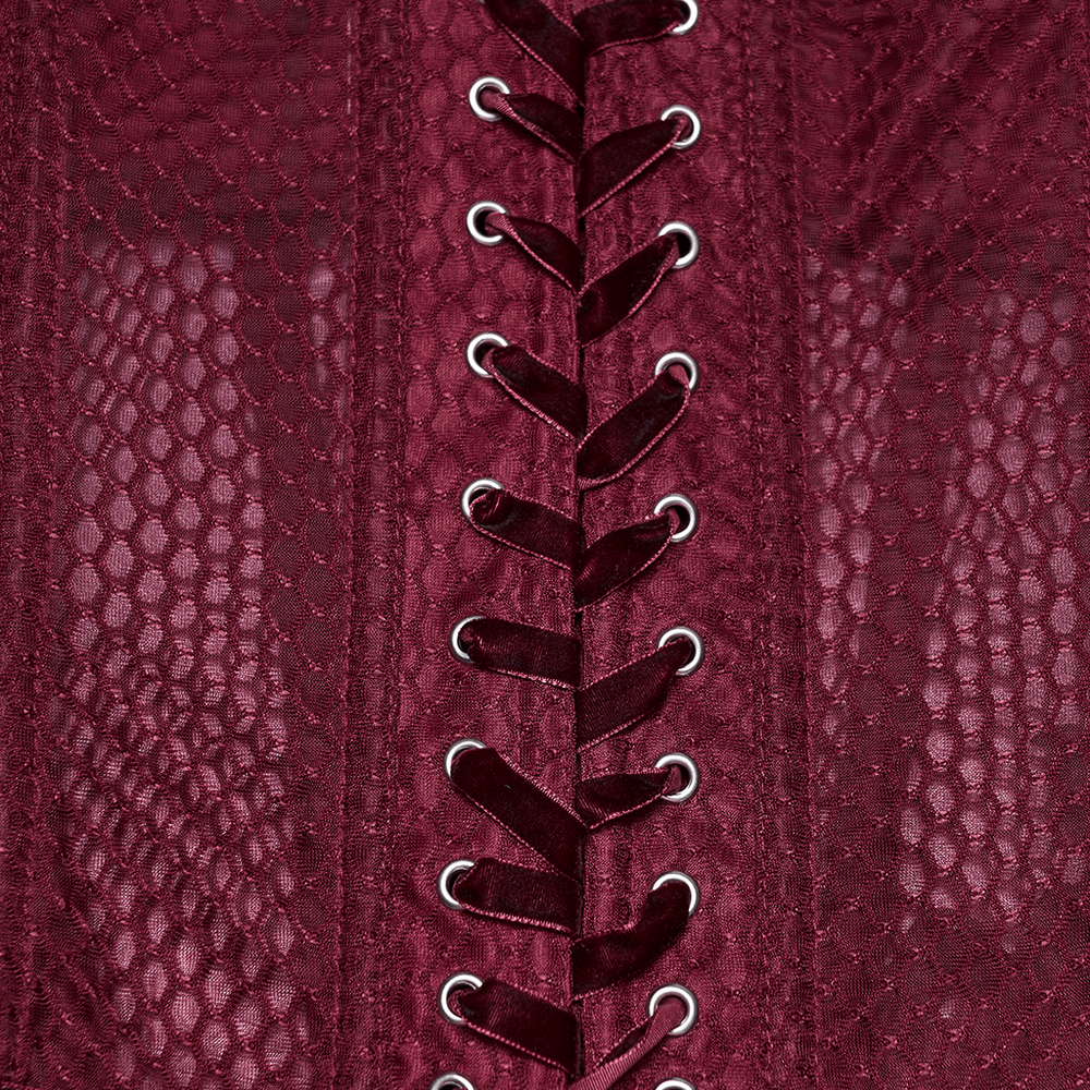 Burgundy Mesh Corset Top with Adjustable Lace Up Back