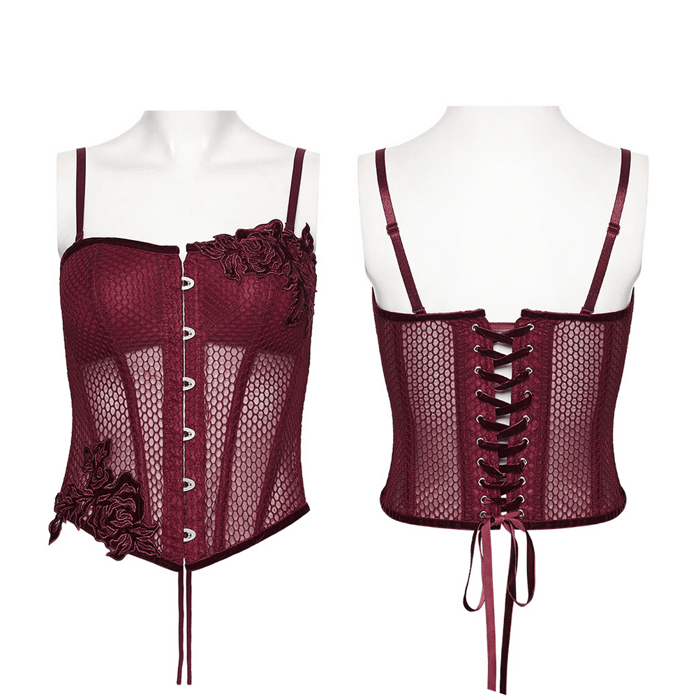 Burgundy Mesh Corset Top with Adjustable Lace Up Back