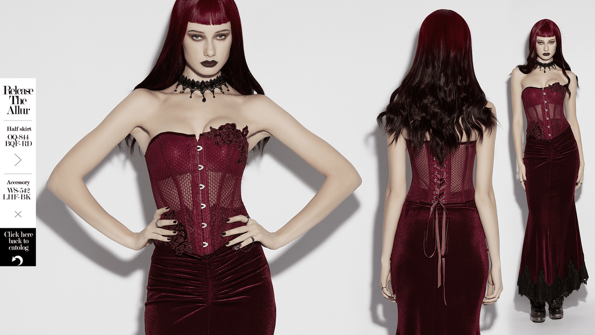 Burgundy Mesh Corset Top with Adjustable Lace Up Back