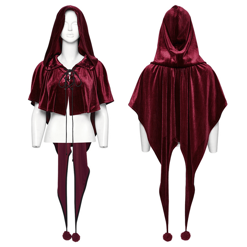 Burgundy Velvet Hooded Cape with Pom Pom Ties