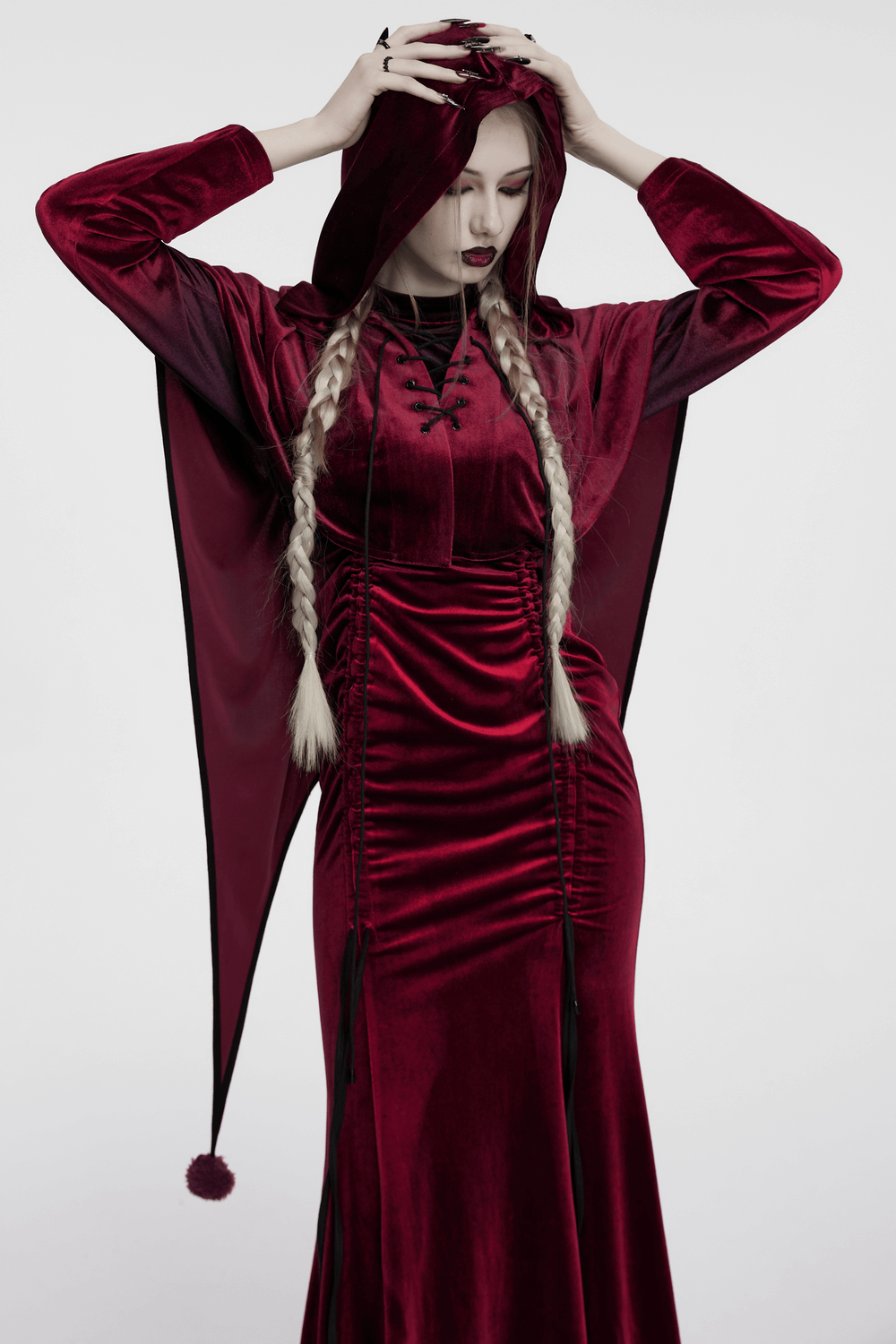 Burgundy Velvet Hooded Cape with Pom Pom Ties