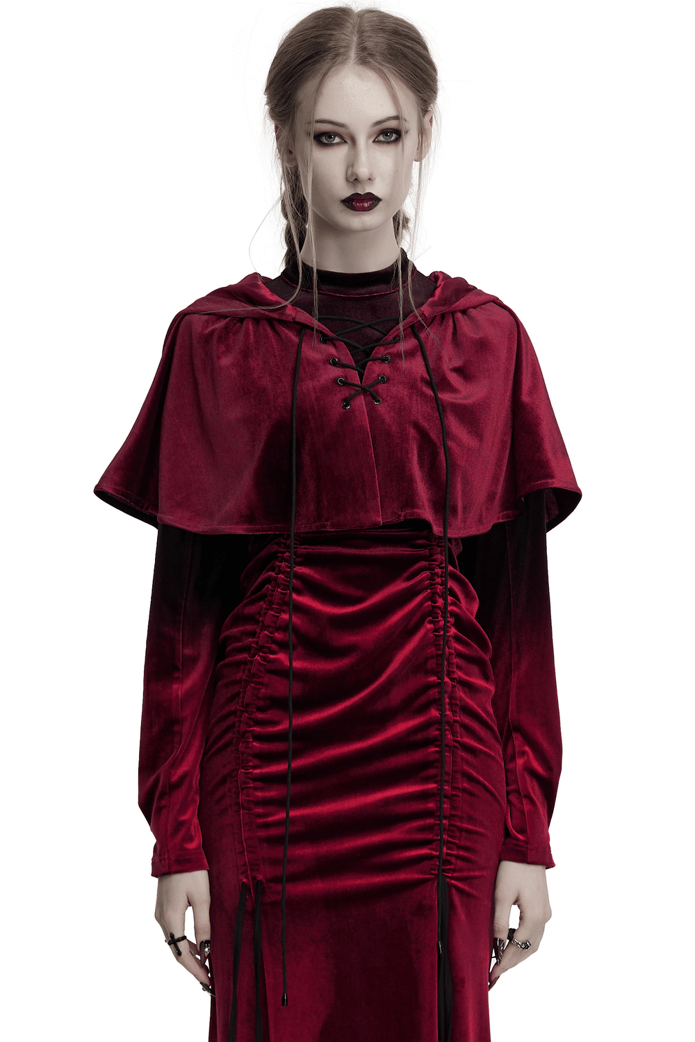 Burgundy Velvet Hooded Cape with Pom Pom Ties