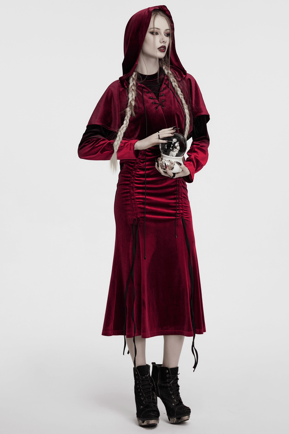 Burgundy Velvet Hooded Cape with Pom Pom Ties