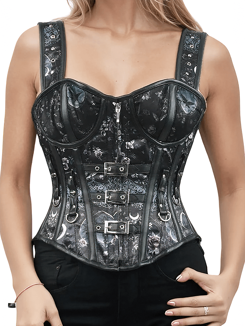 Celestial Gothic Floral Corset with Buckles and Straps
