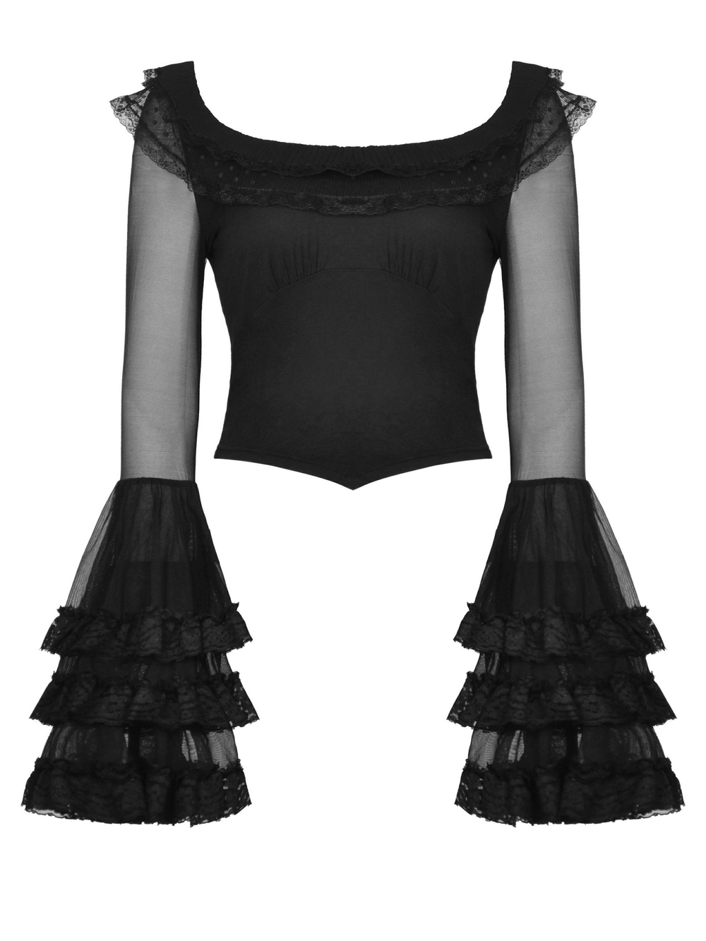 Chic Black Lace Bell Sleeved Top with Sheer Mesh Detail