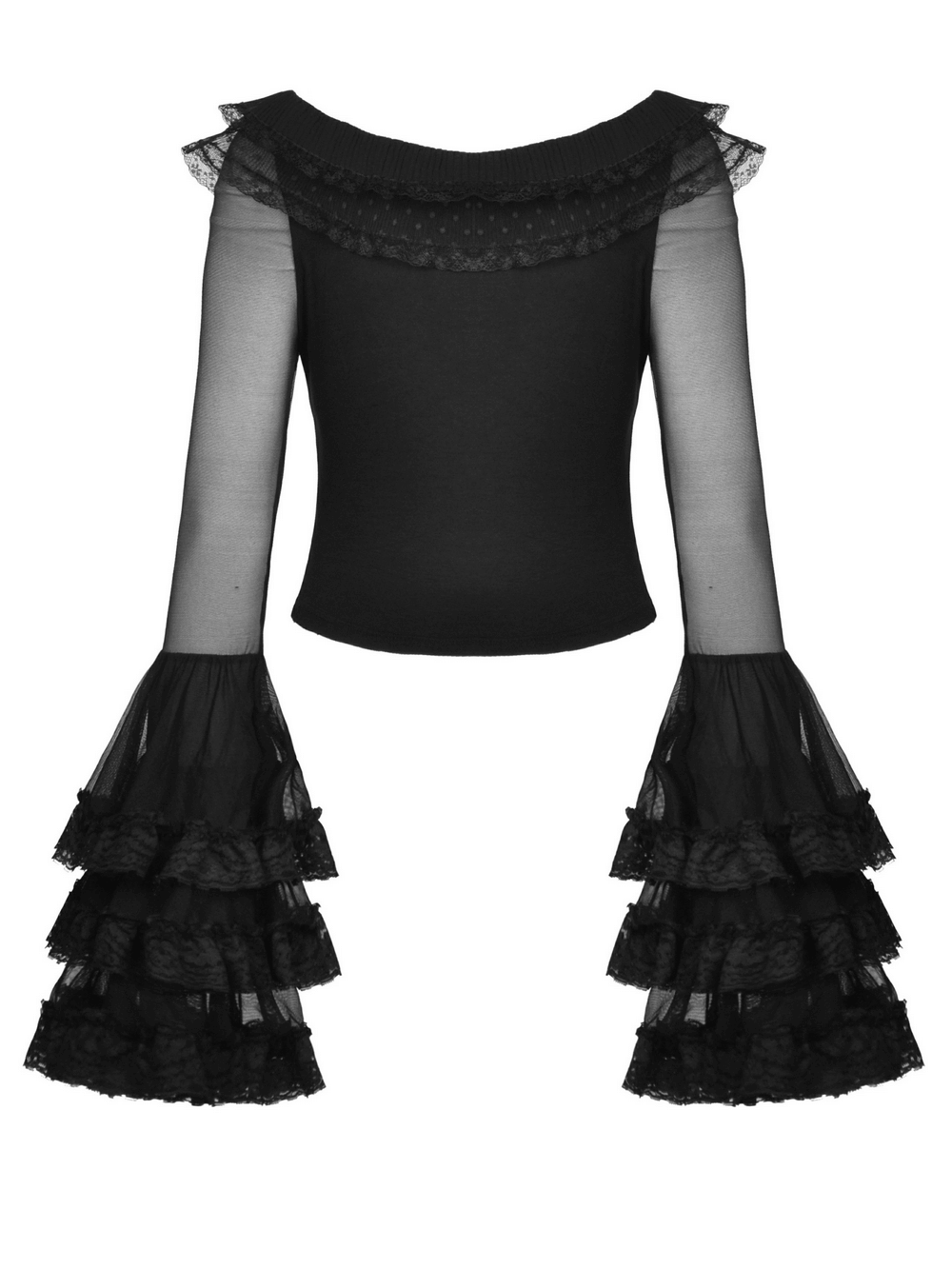 Chic Black Lace Bell Sleeved Top with Sheer Mesh Detail