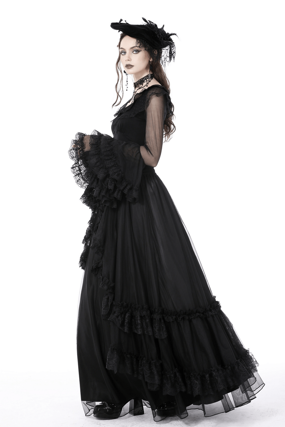 Chic Black Lace Bell Sleeved Top with Sheer Mesh Detail