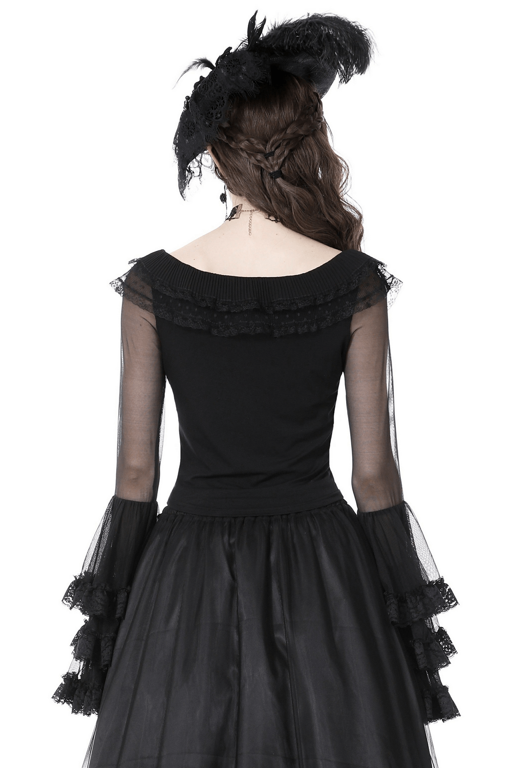 Chic Black Lace Bell Sleeved Top with Sheer Mesh Detail