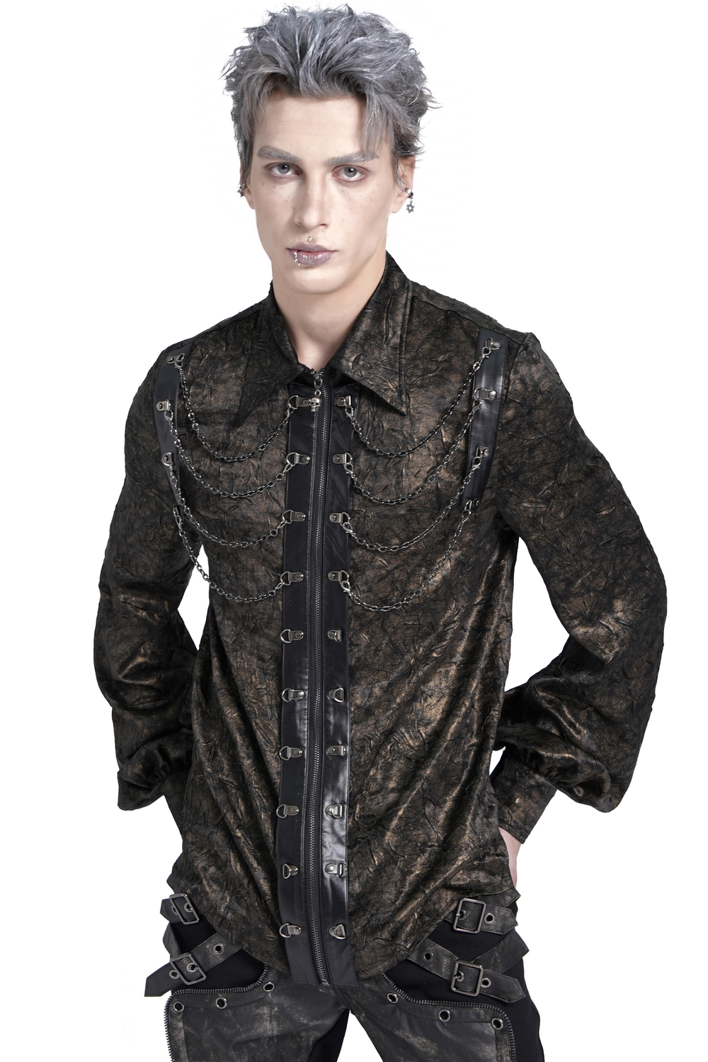Chic Chain Shirt with Faux Leather Straps and Loops