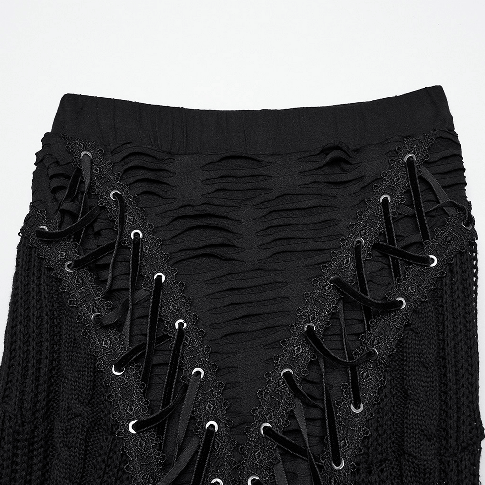 Chic Gothic Tattered Knit Skirt with Lace-Up Details
