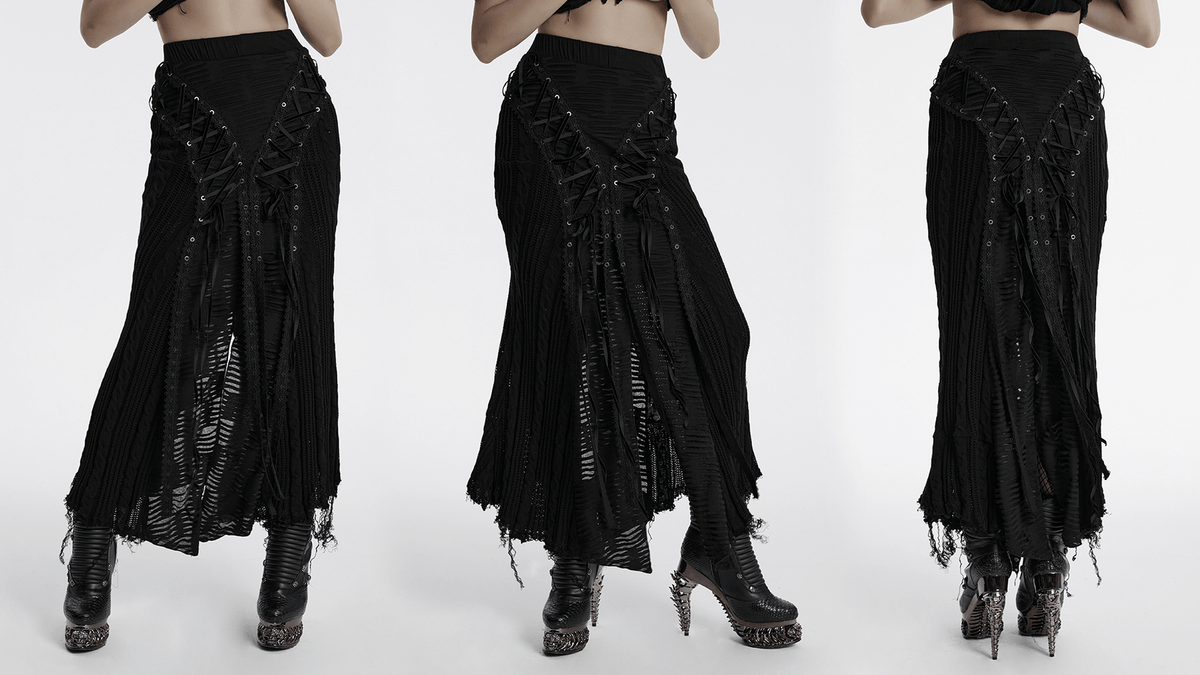 Chic Gothic Tattered Knit Skirt with Lace-Up Details