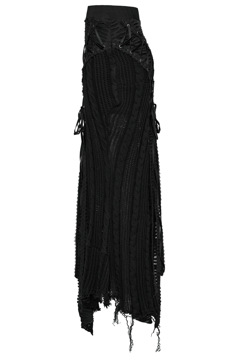 Chic Gothic Tattered Knit Skirt with Lace-Up Details