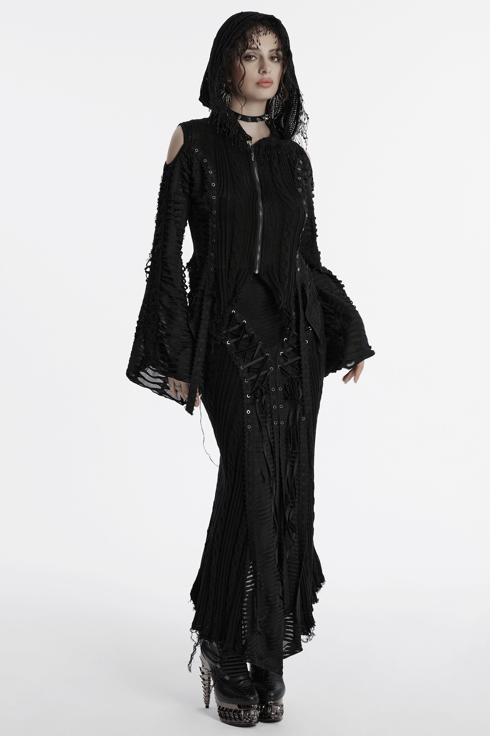 Chic Gothic Tattered Knit Skirt with Lace-Up Details