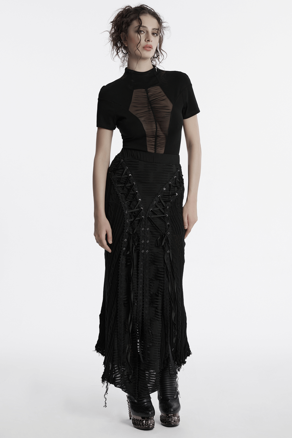 Chic Gothic Tattered Knit Skirt with Lace-Up Details