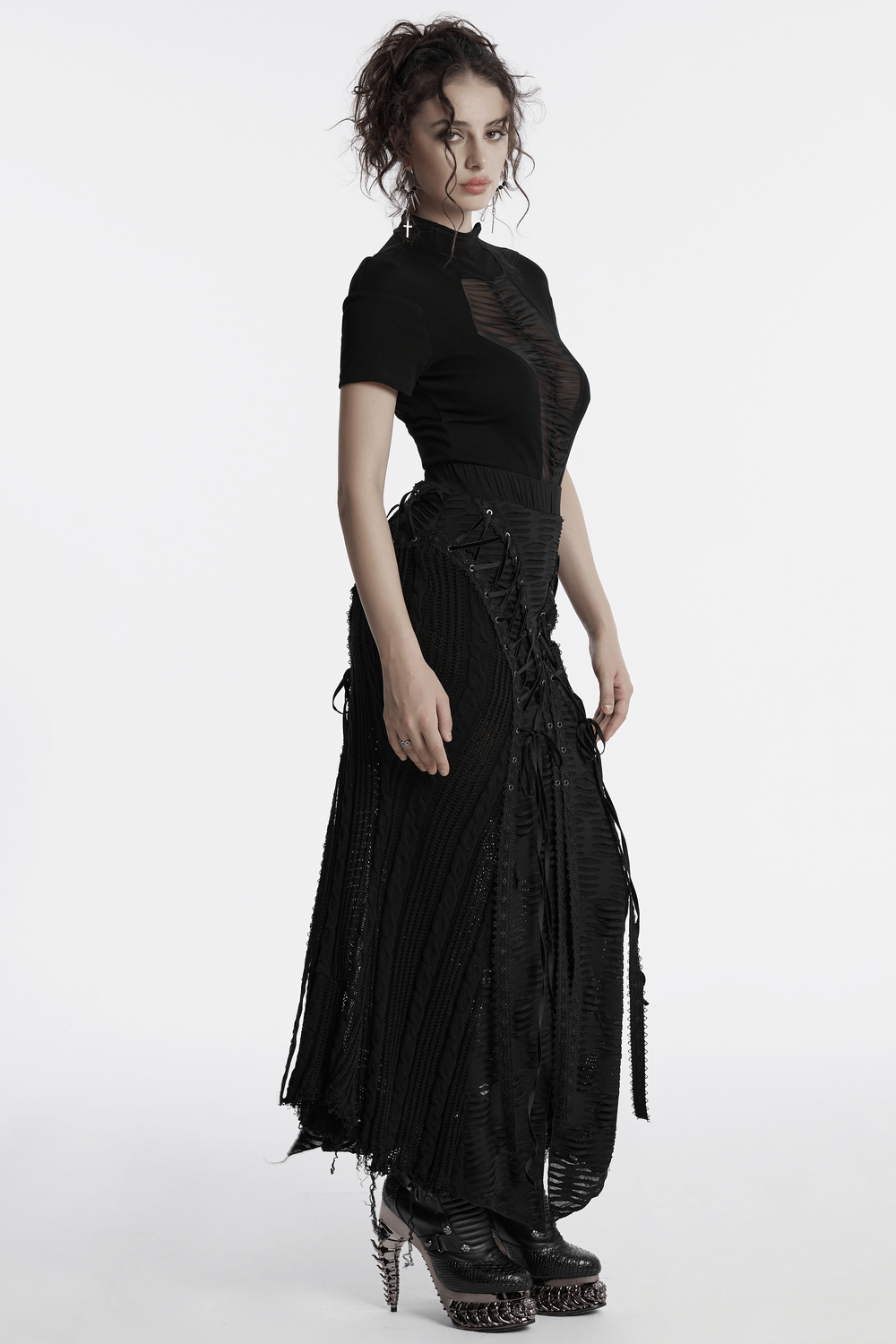 Chic Gothic Tattered Knit Skirt with Lace-Up Details