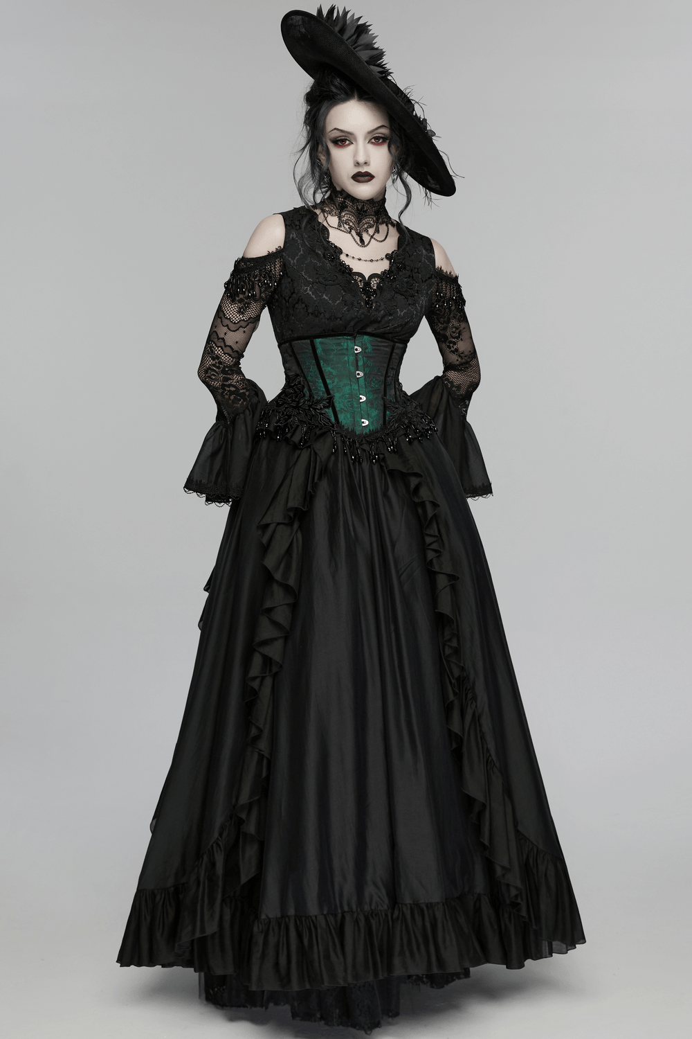 Chic Green Jacquard Goth Underbust Corset and Tassel Trim