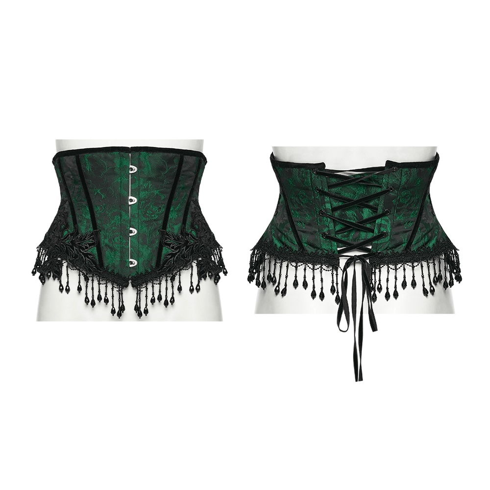 Chic Green Jacquard Goth Underbust Corset and Tassel Trim