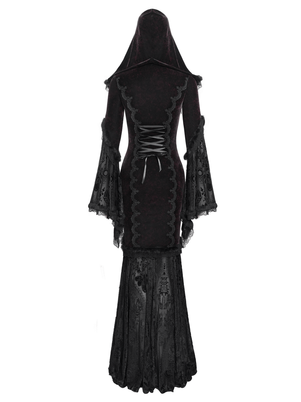 Chic Hooded Maxi Dress with Lace Sleeves and Corset Waist
