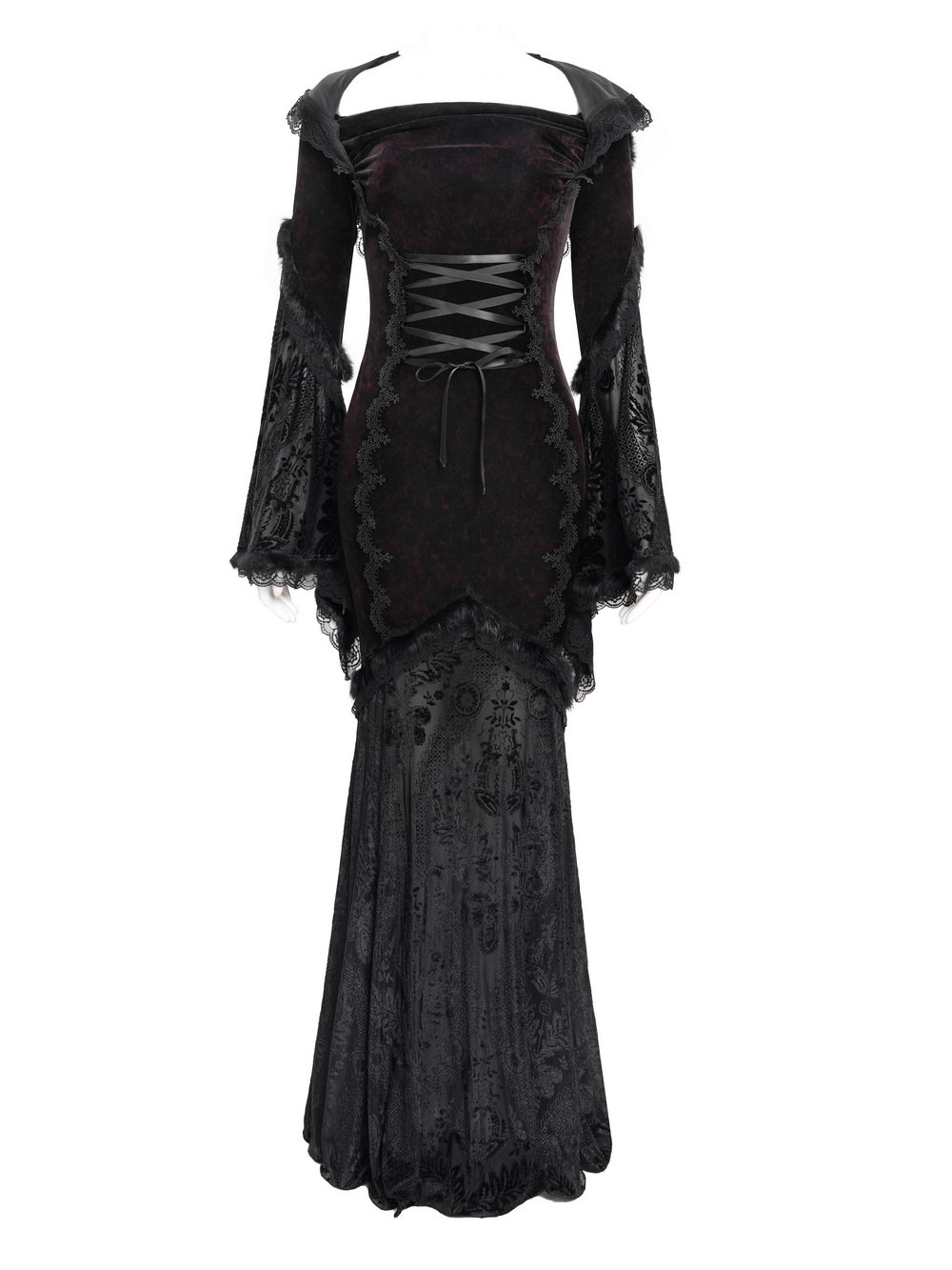 Chic Hooded Maxi Dress with Lace Sleeves and Corset Waist