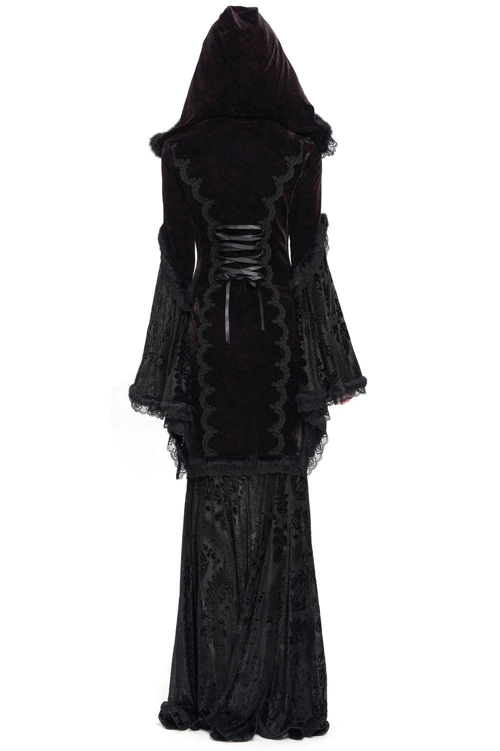 Chic Hooded Maxi Dress with Lace Sleeves and Corset Waist