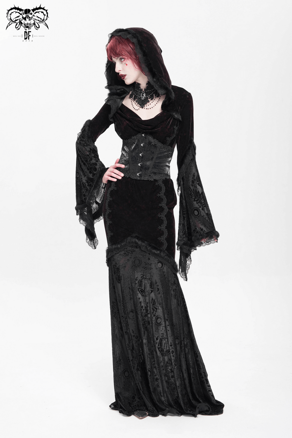 Chic Hooded Maxi Dress with Lace Sleeves and Corset Waist