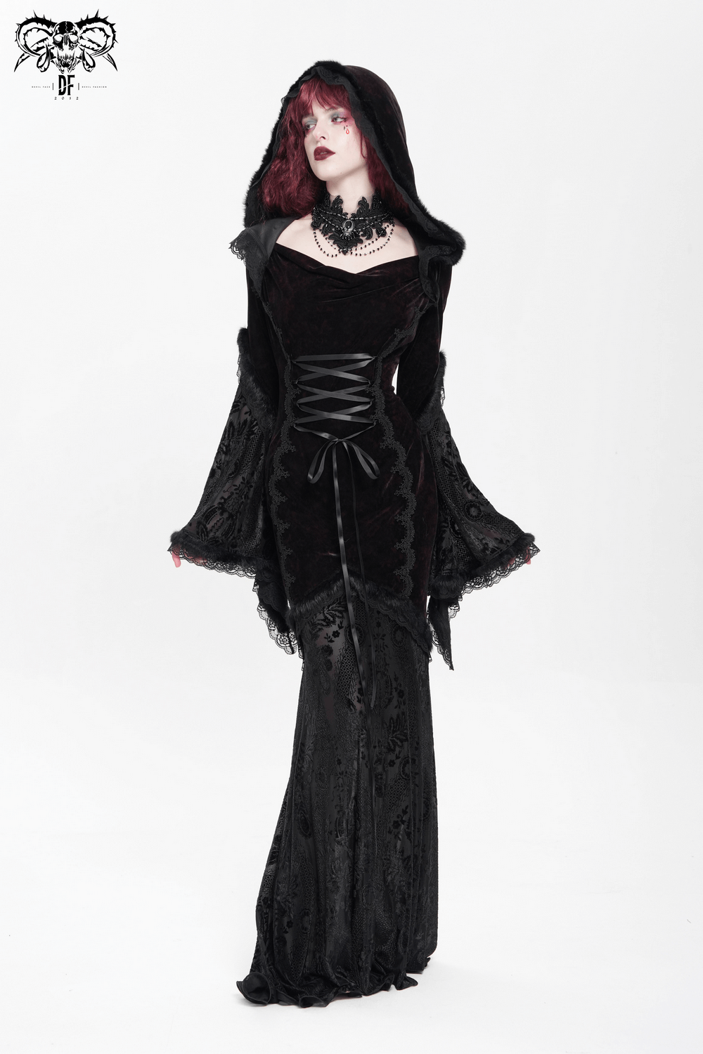 Chic Hooded Maxi Dress with Lace Sleeves and Corset Waist