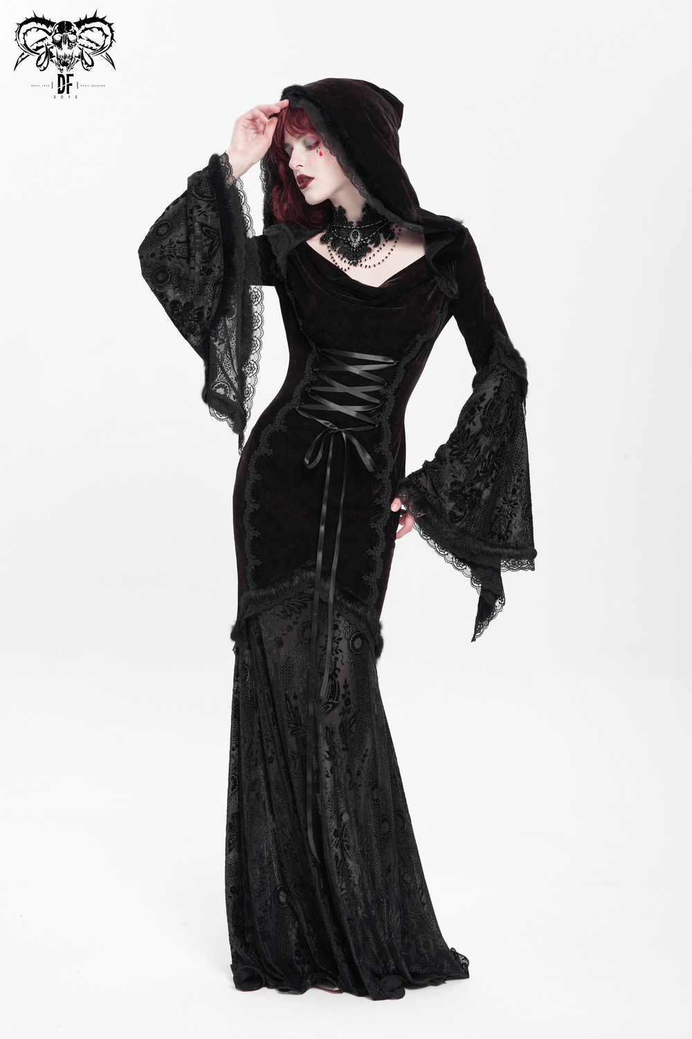 Chic Hooded Maxi Dress with Lace Sleeves and Corset Waist