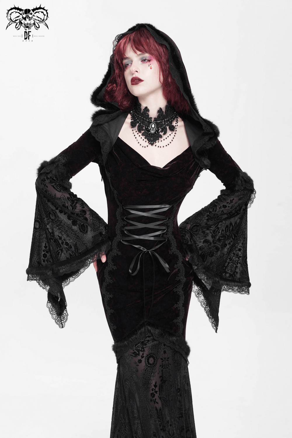 Chic Hooded Maxi Dress with Lace Sleeves and Corset Waist