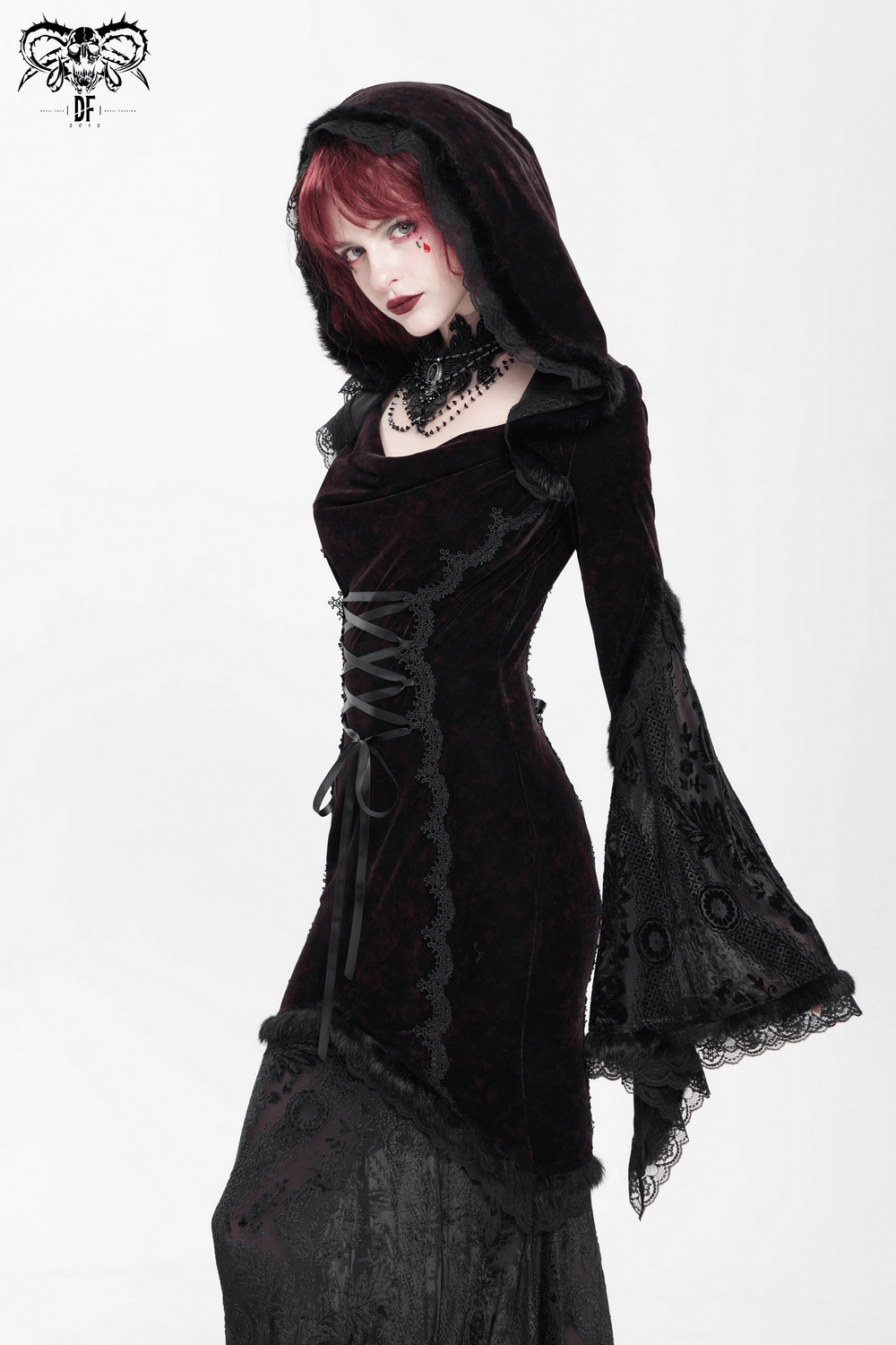 Chic Hooded Maxi Dress with Lace Sleeves and Corset Waist