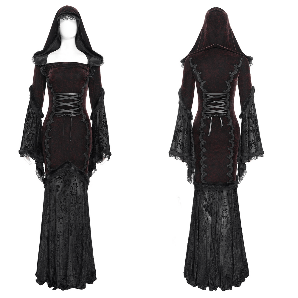 Chic Hooded Maxi Dress with Lace Sleeves and Corset Waist
