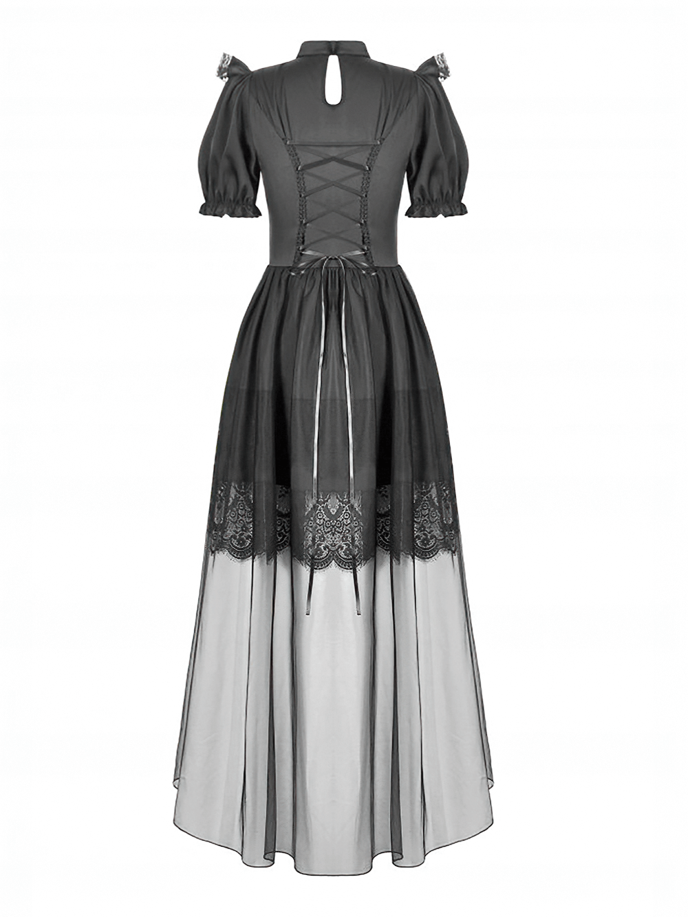US SALE of Chic Lace and Satin Dress with Puff Sleeves and Lacing