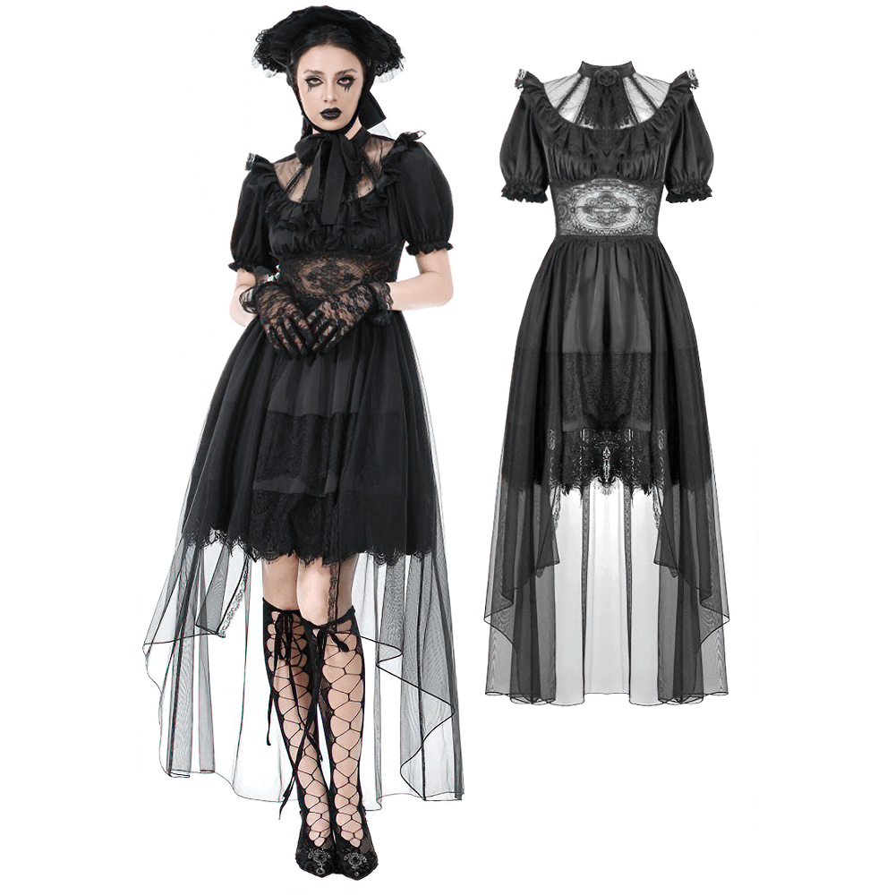 US SALE of Chic Lace and Satin Dress with Puff Sleeves and Lacing