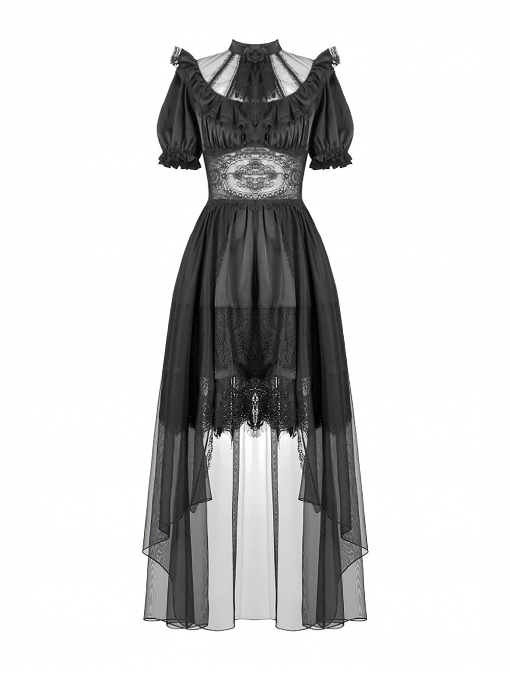 US SALE of Chic Lace and Satin Dress with Puff Sleeves and Lacing