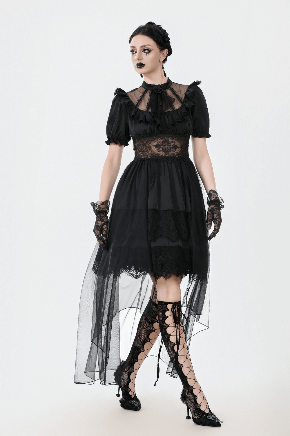 US SALE of Chic Lace and Satin Dress with Puff Sleeves and Lacing