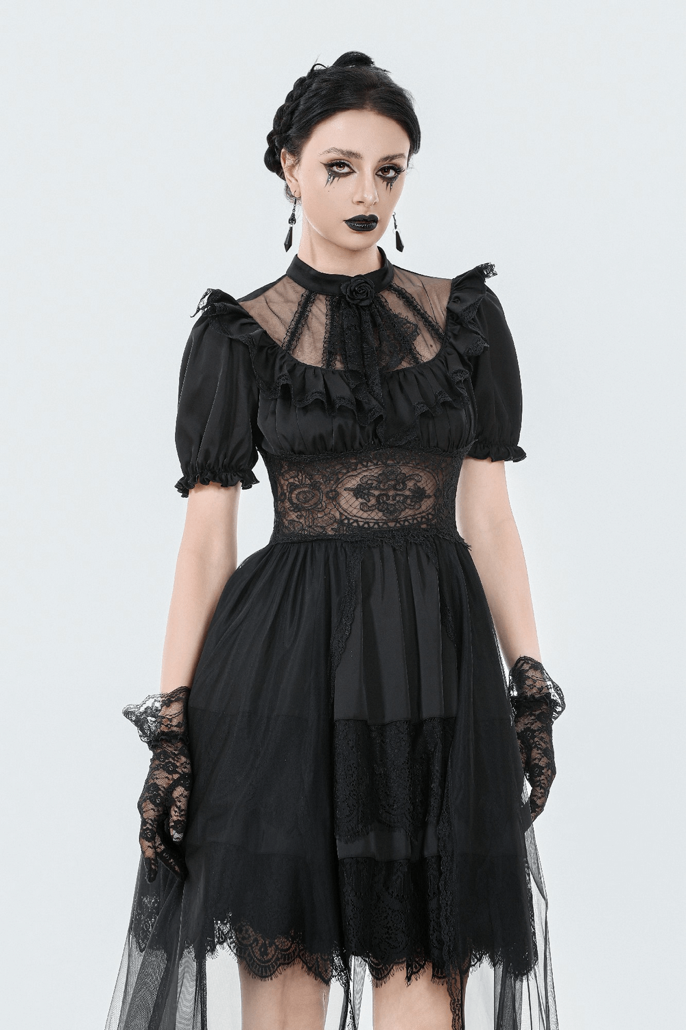 US SALE of Chic Lace and Satin Dress with Puff Sleeves and Lacing