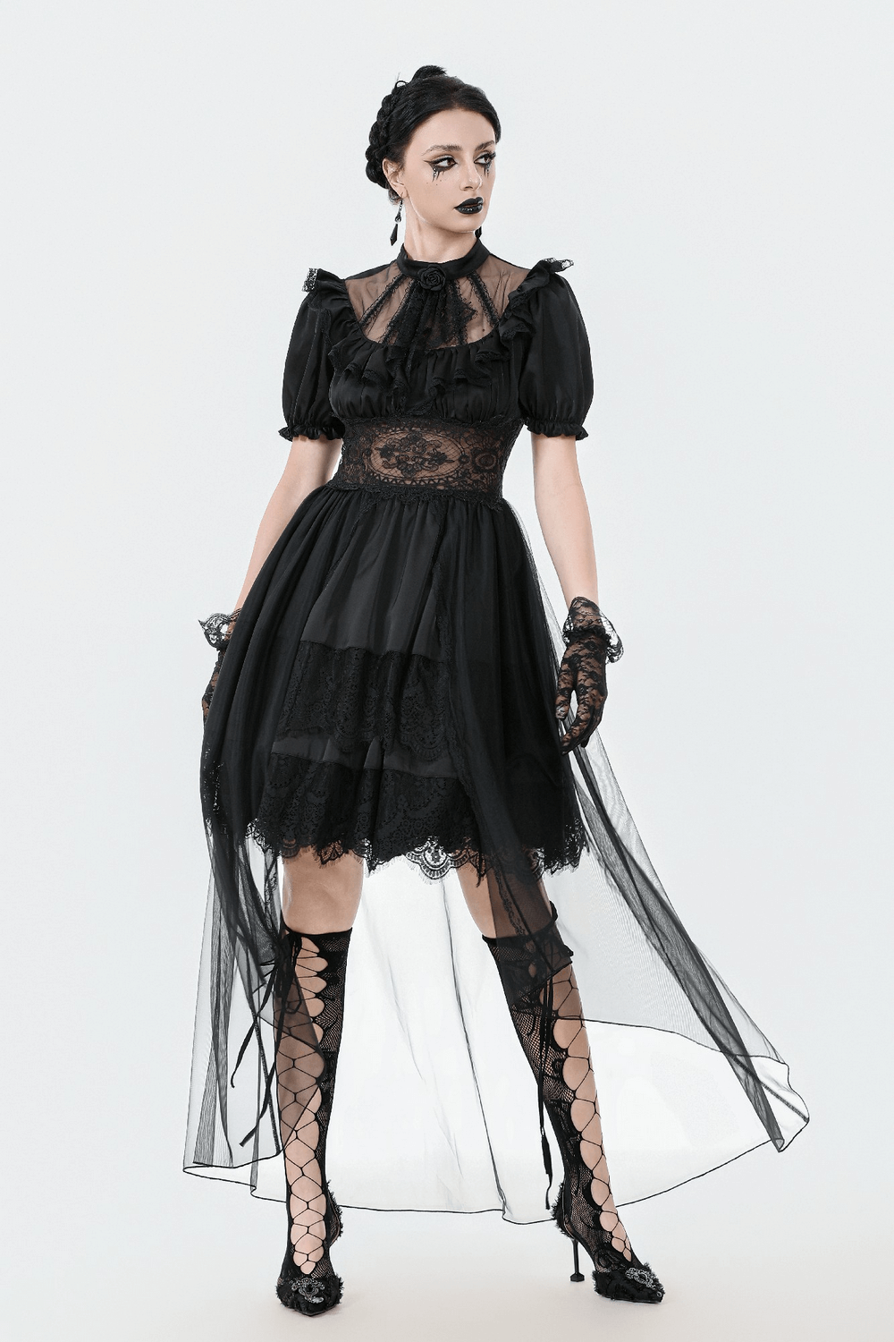 US SALE of Chic Lace and Satin Dress with Puff Sleeves and Lacing