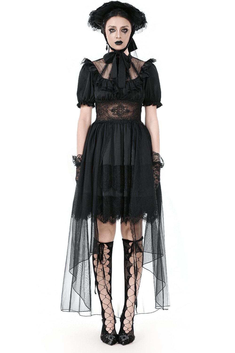 US SALE of Chic Lace and Satin Dress with Puff Sleeves and Lacing