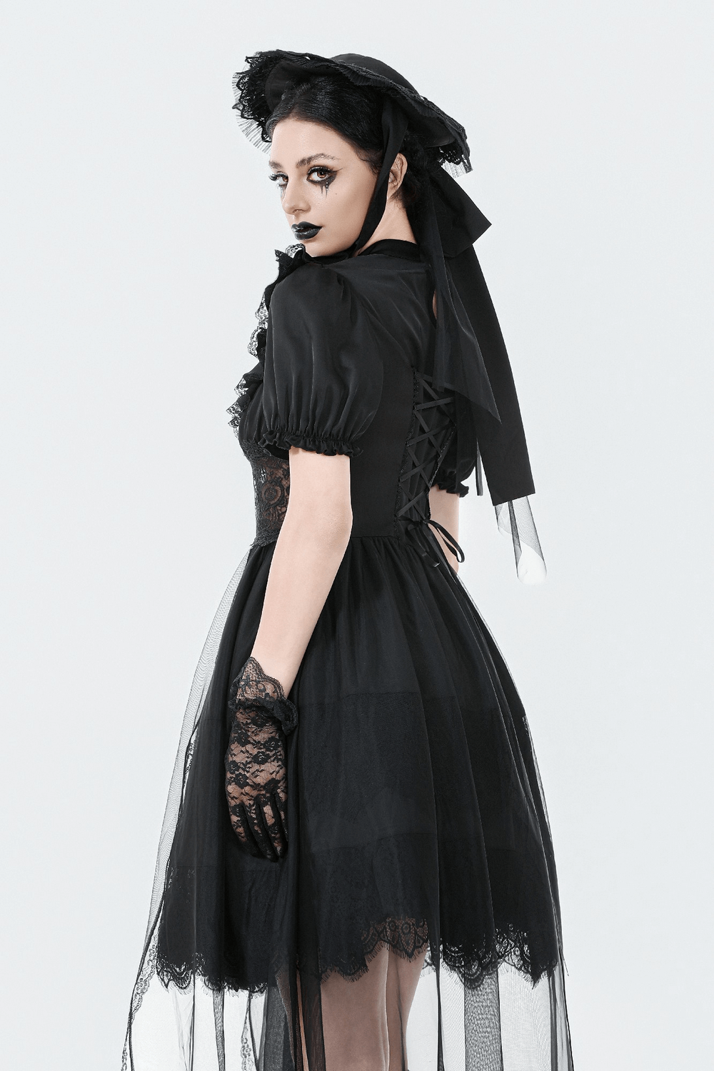 US SALE of Chic Lace and Satin Dress with Puff Sleeves and Lacing