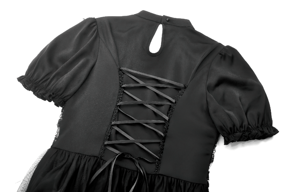 US SALE of Chic Lace and Satin Dress with Puff Sleeves and Lacing