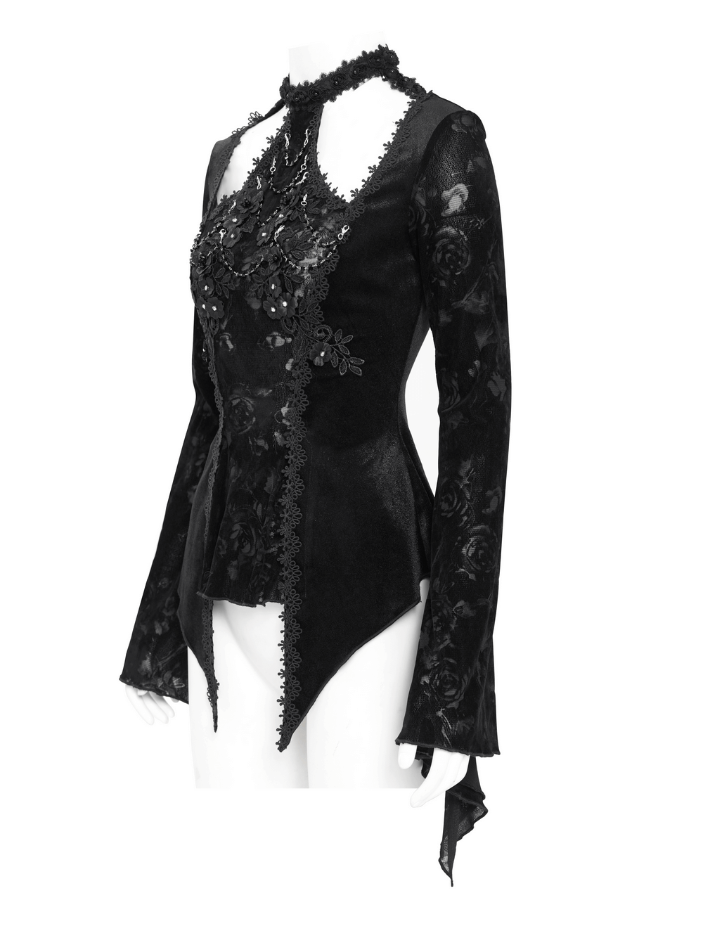 Chic Lace Long-Sleeved Top with Pearls and Roses