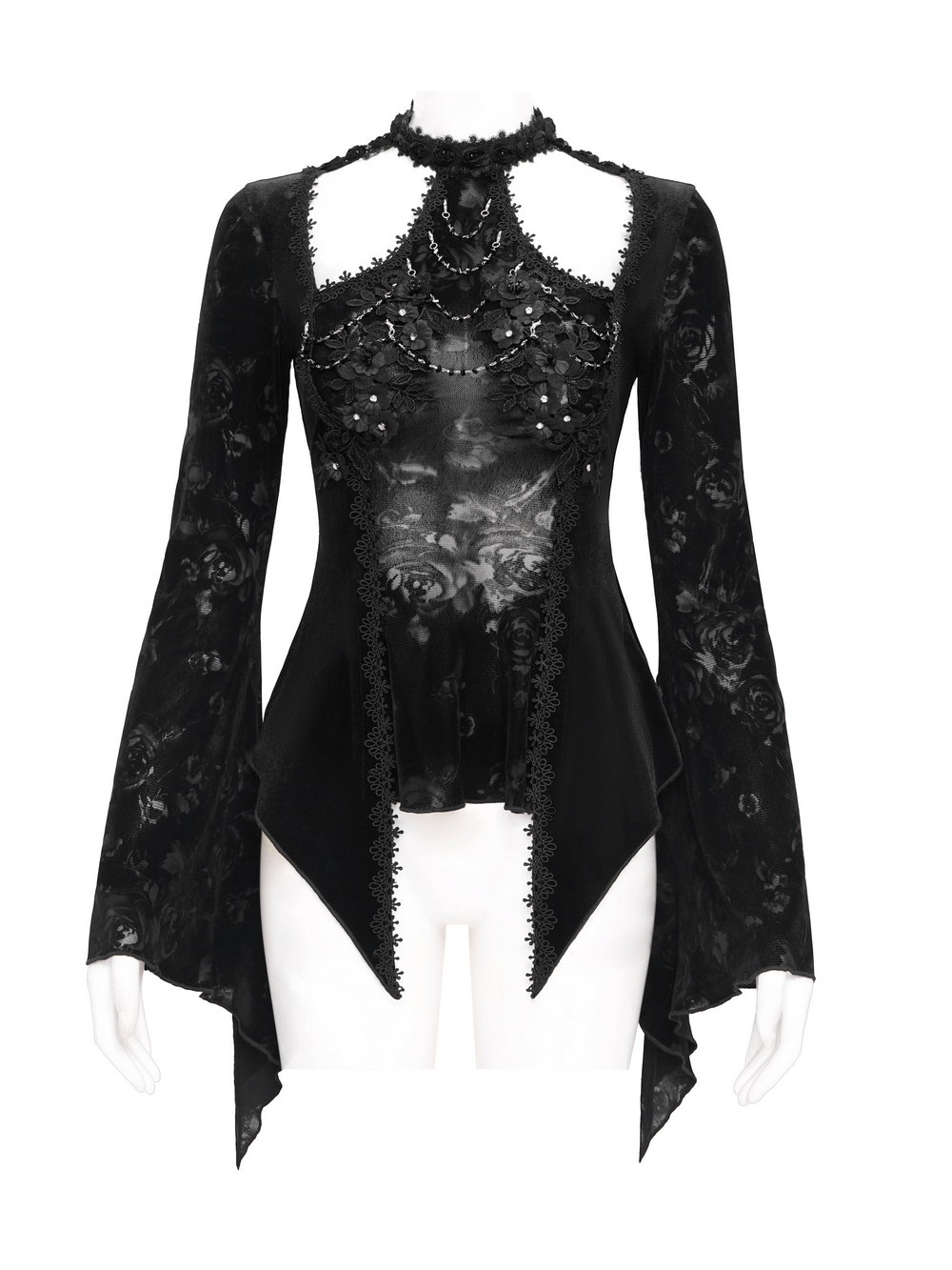 Chic Lace Long-Sleeved Top with Pearls and Roses