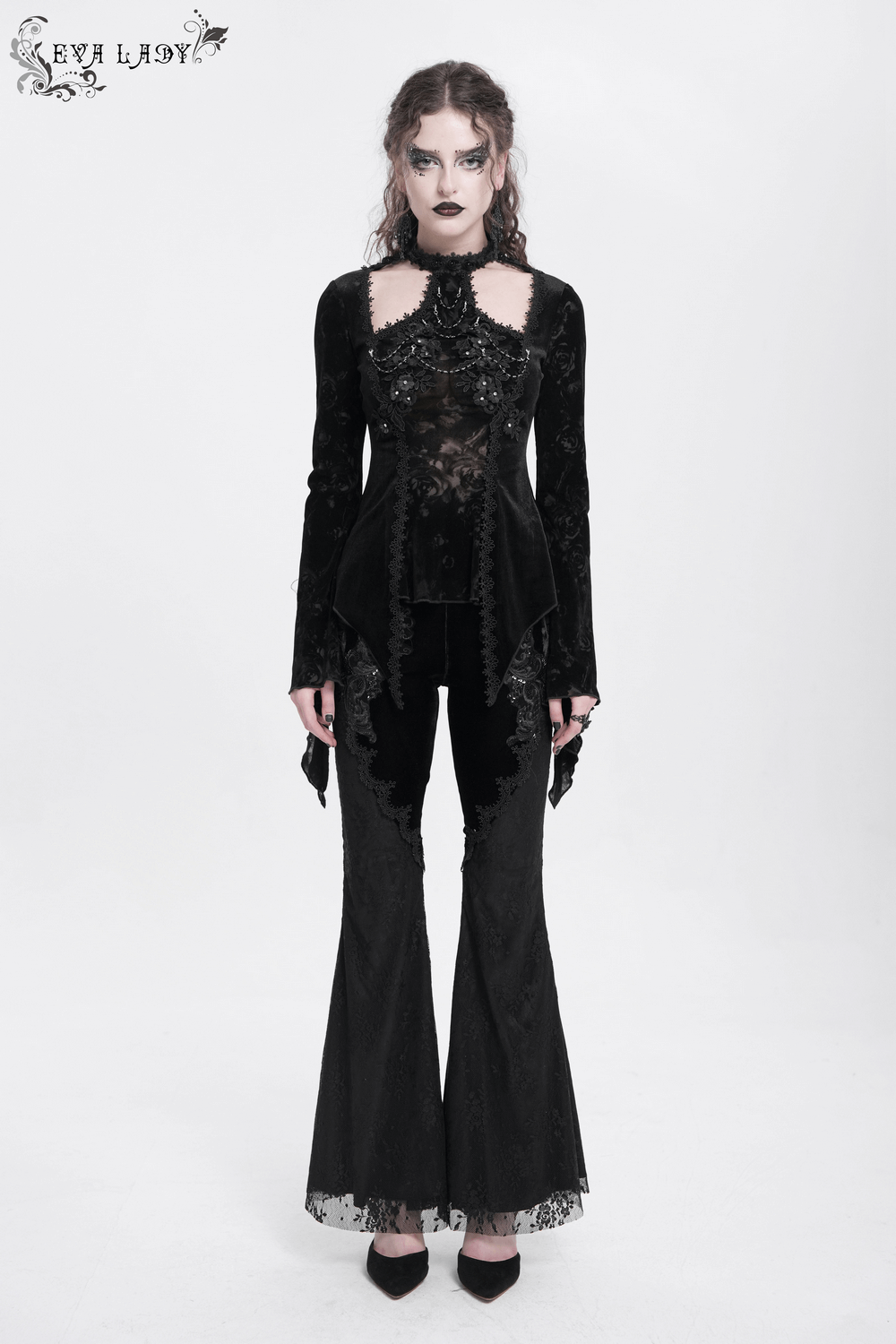 Chic Lace Long-Sleeved Top with Pearls and Roses