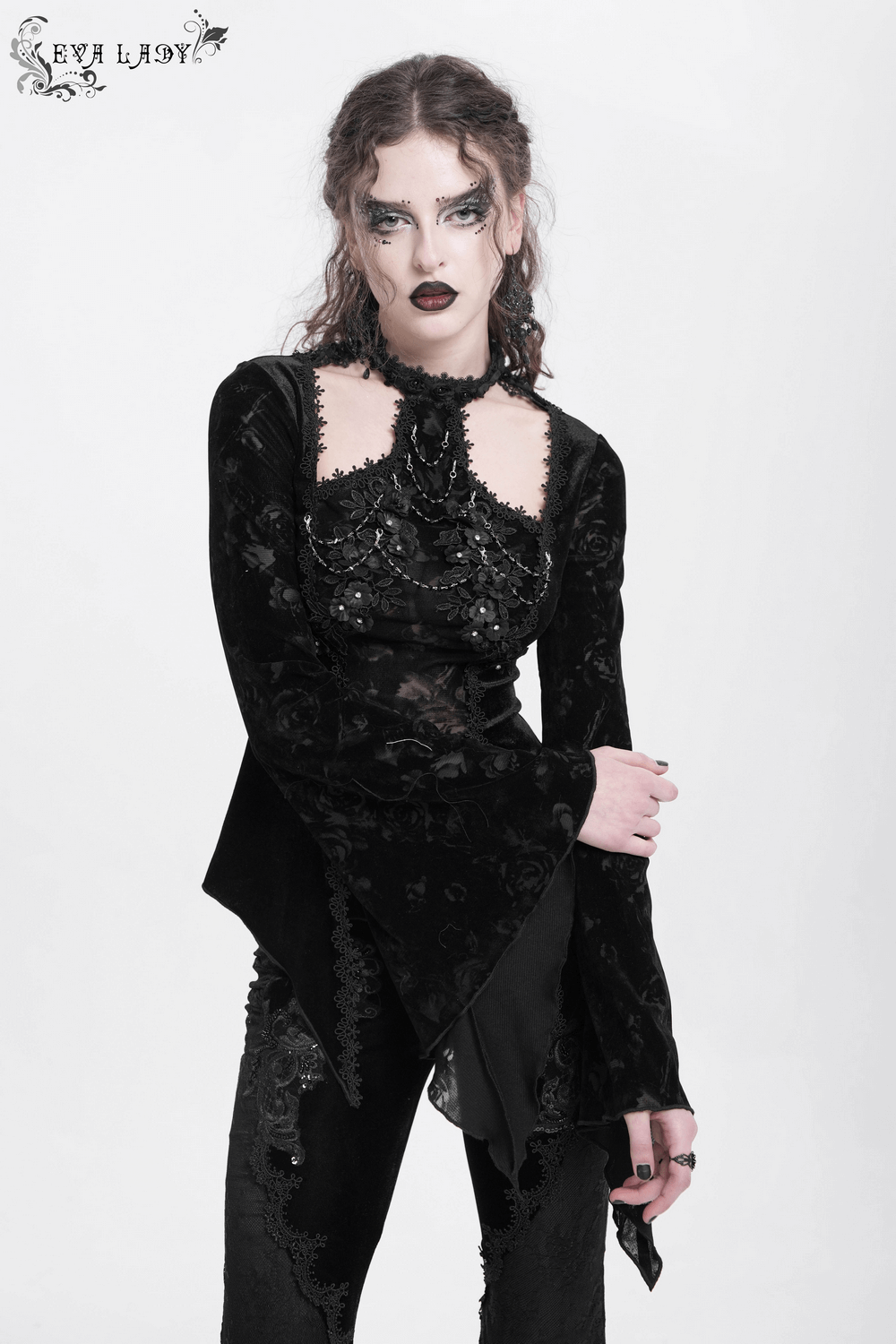 Chic Lace Long-Sleeved Top with Pearls and Roses