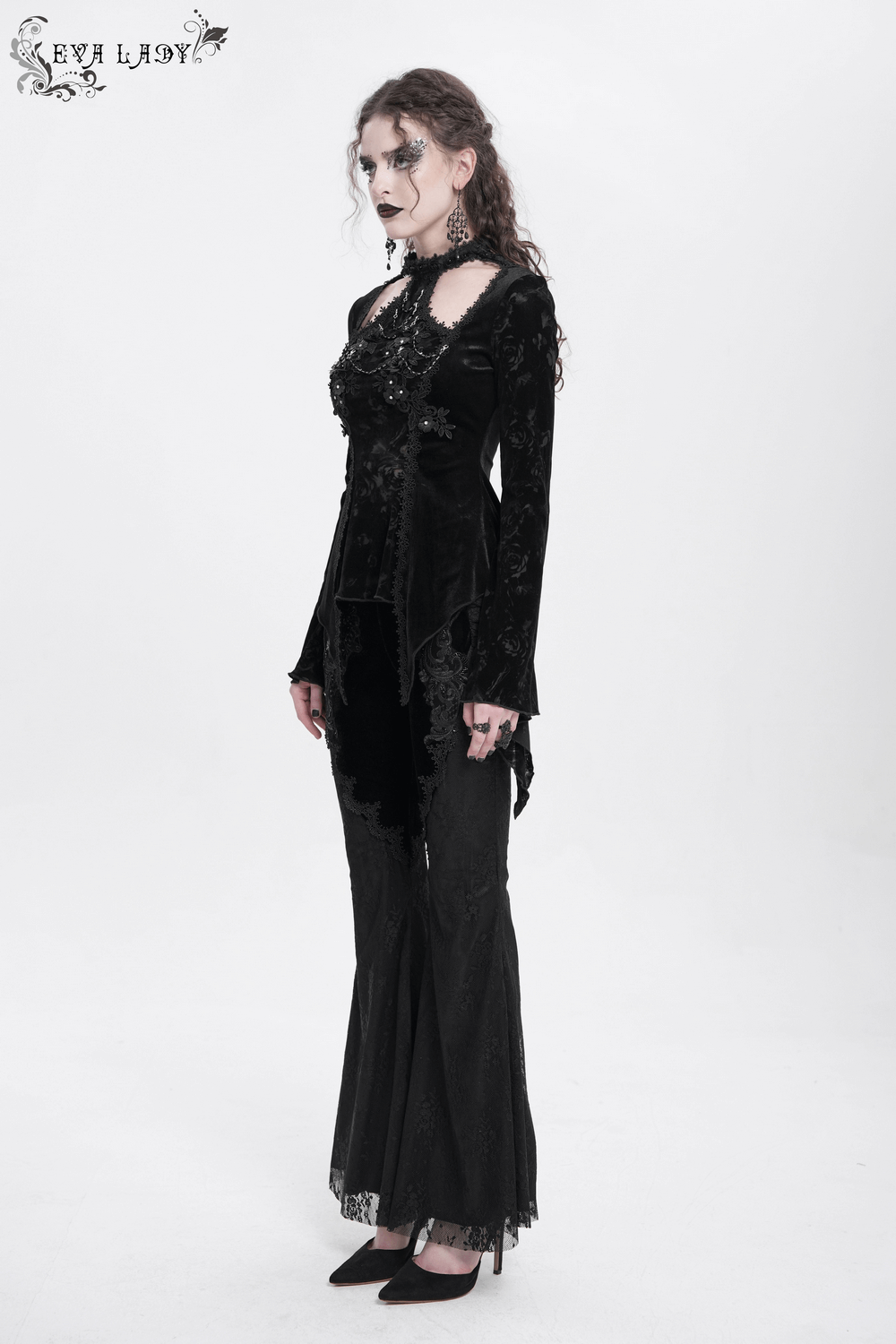 Chic Lace Long-Sleeved Top with Pearls and Roses