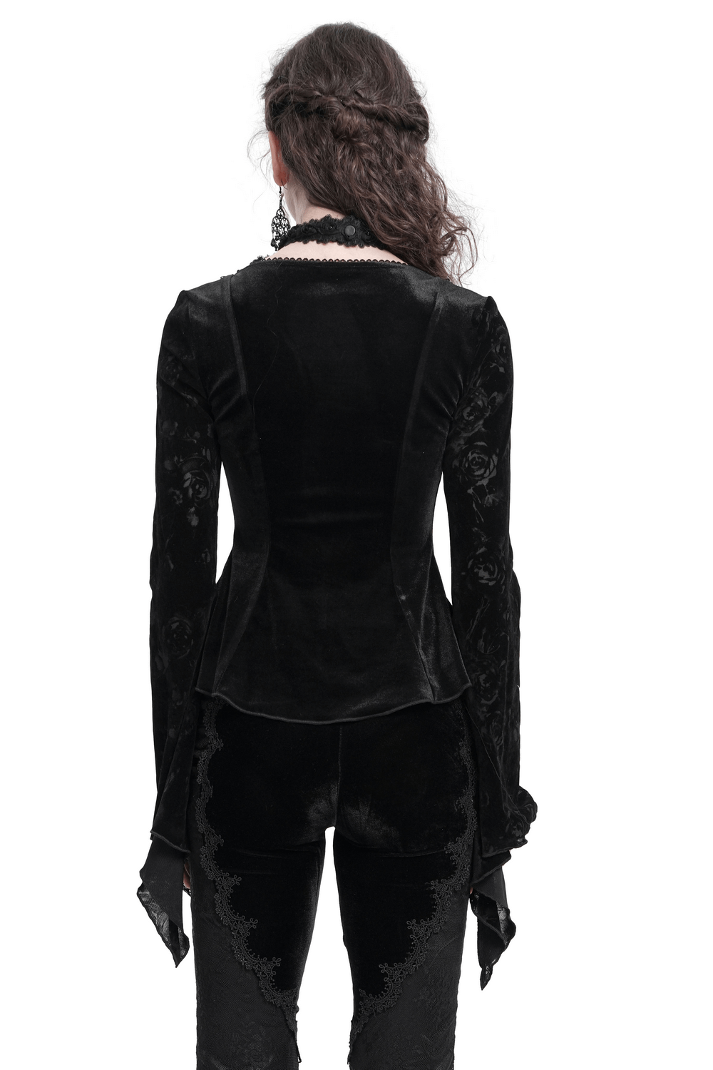 Chic Lace Long-Sleeved Top with Pearls and Roses