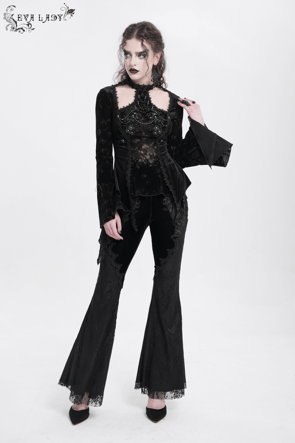 Chic Lace Long-Sleeved Top with Pearls and Roses